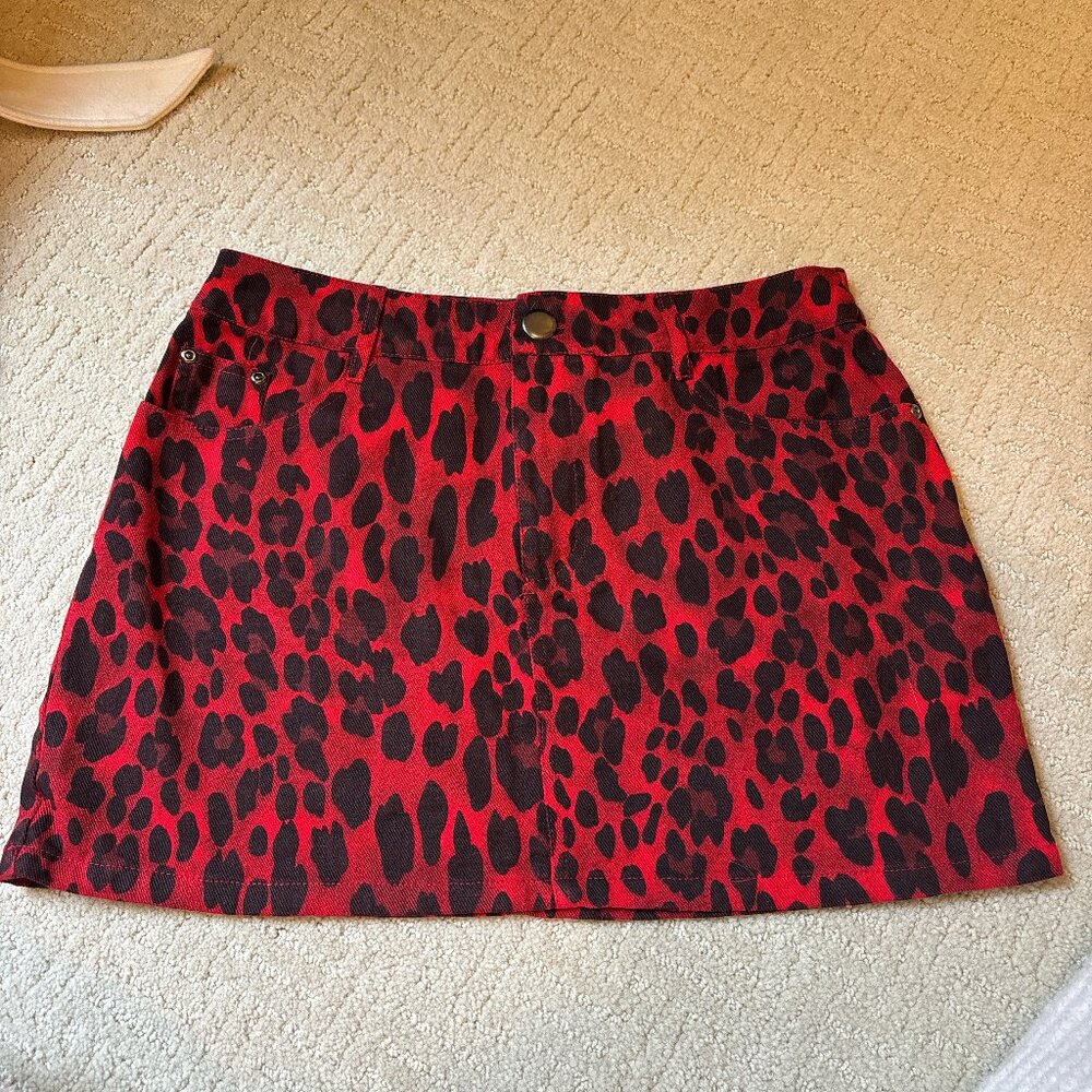 Red and black mini denim skirt